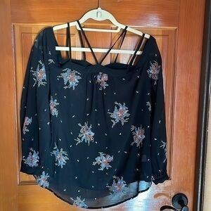 Cold shoulder sheer black embroidered blouse